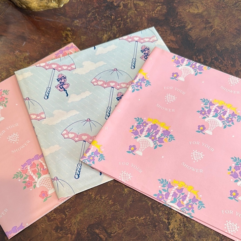 Vintage 70s Pink and Blue Gift Wrap Set 3 Sheets